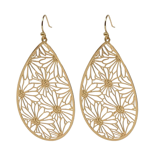 Gold Daisy Teardrop Earrings with delicate floral details.