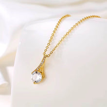 Nickel-free 18K gold plated necklace safe for sensitive skin - model wearing CZ pendant necklace comfortably.
