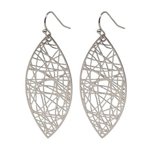 Silver teardrop earrings, 2.25 inches long, with a unique random line design.