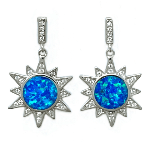 Blue Opal Sun CZ Sterling Silver Stud Earrings - Sterling Silver Jewelry
