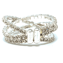 Clear Rhinestone Silver Crossover Cuff Style Stretch Ring - Costume Jewelry