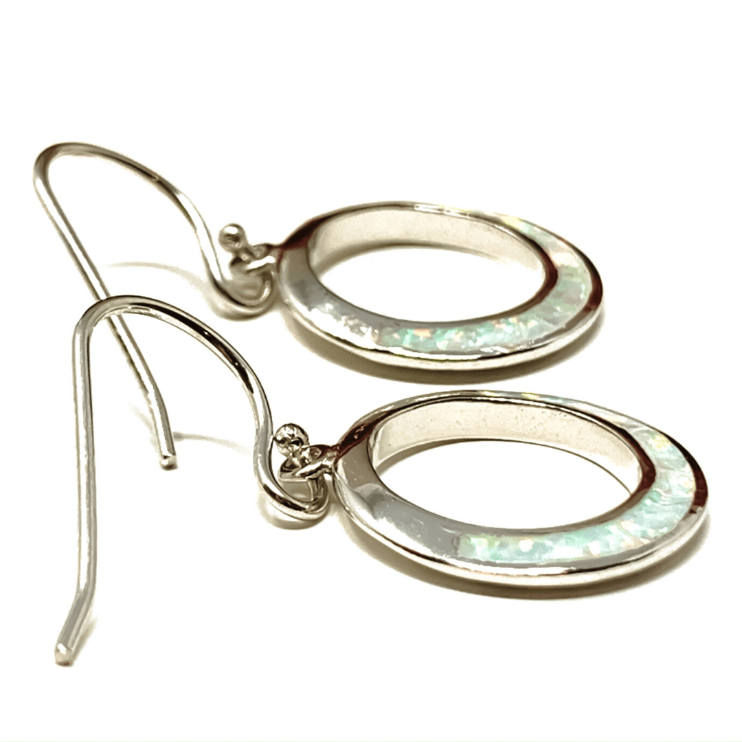 Dangle Open Circle Sterling Silver White Opal Earrings - SeaSpray Jewelry