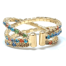 Gold Memory Wire Rhinestone Crossover Cuff Style Stretch Ring - Costume Jewelry
