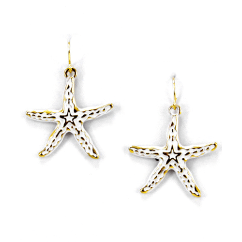 Gold Starfish Dangle Earrings With White Epoxy - Fashion Jewelry