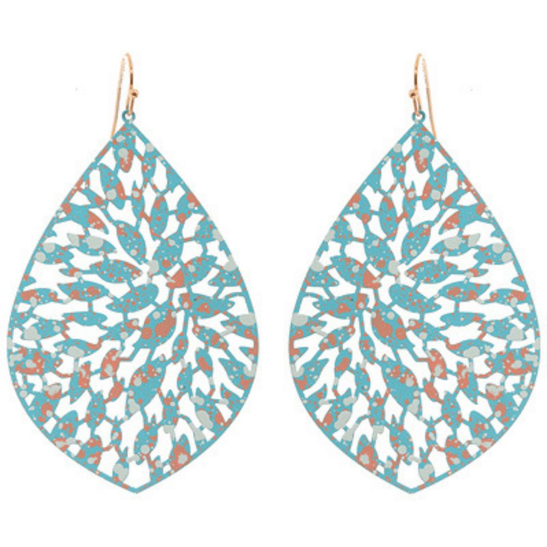Long Thin Turquoise Teardrop Filigree Dangle Earrings