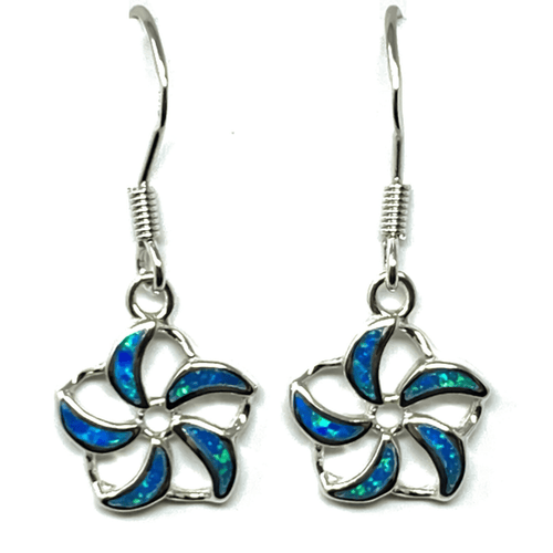 Blue Opal Open Flower Sterling Silver Dangle Earrings - SeaSpray Jewelry