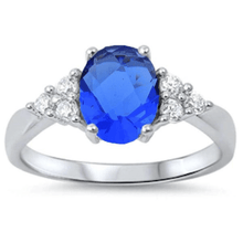 Oval Blue Sapphire & CZ .925 Sterling Silver Ring For Women - Fashion Jewelry