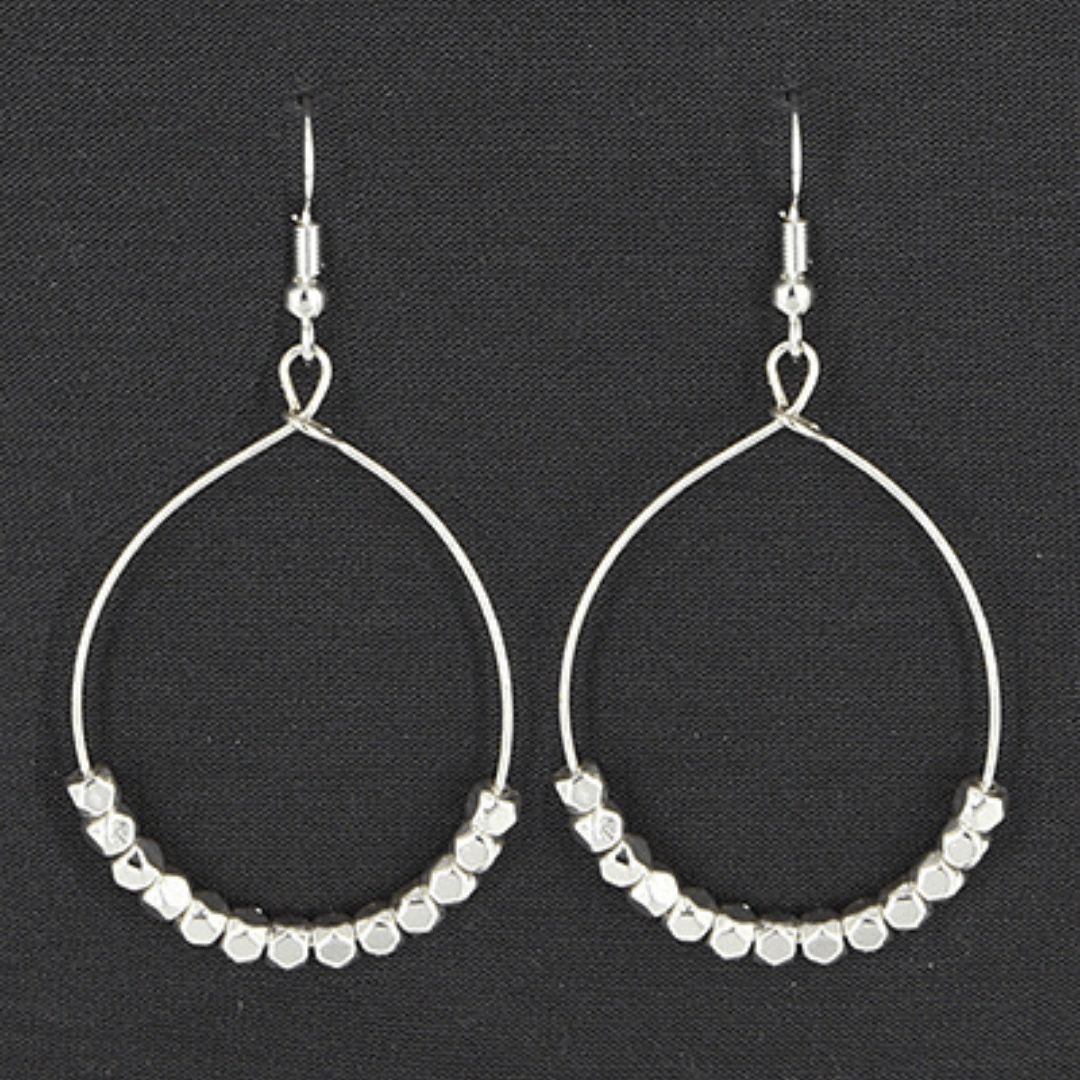Silver Beaded Teardrop Hoop Dangle Earrings - Women's Fashion Earrings