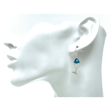 Silver Blue Fish Bone Dangle Beach Earrings Rhinestone Accents - Fashion Jewelry