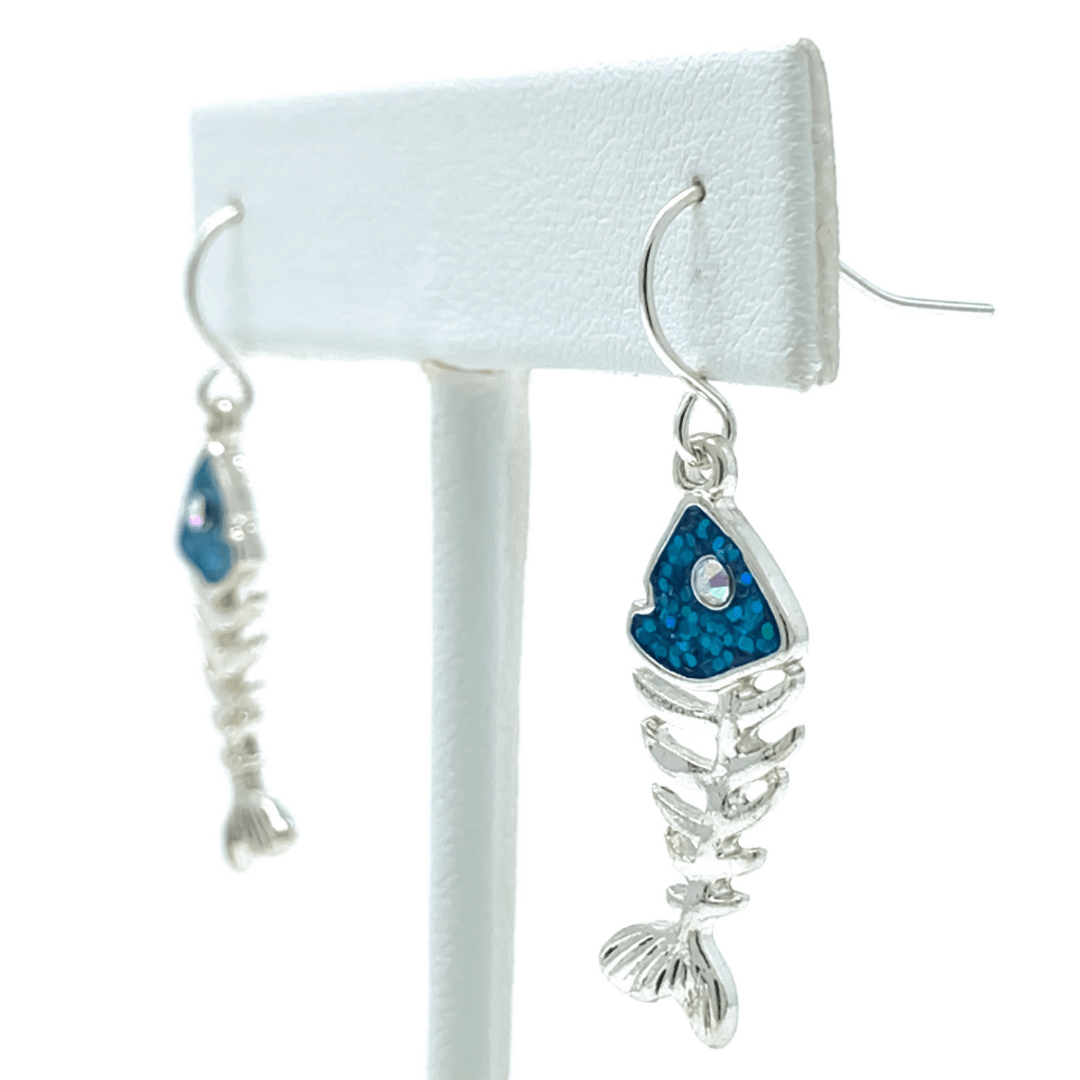 Silver Blue Fishbone Dangle Earrings Rhinestone Accents - Costume Jewelry