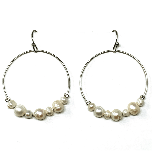 Freshwater Pearl Circle Hoop Silver Dangle Earrings For Women - Fashion Jewelry