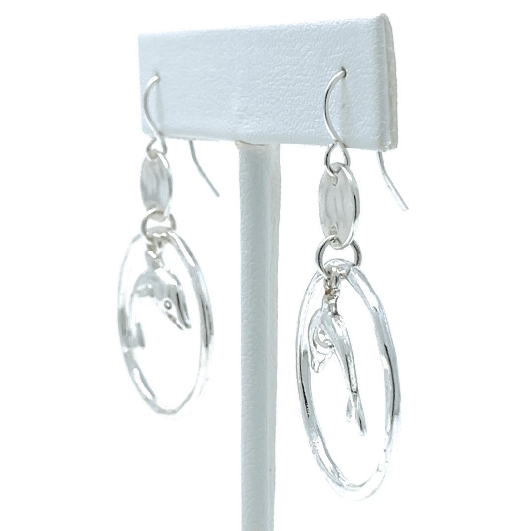Silver Dolphin Circle Hoop Dangle Nautical Earrings - Costume Jewelry