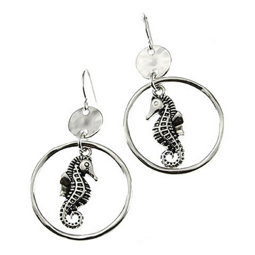 Silver Seahorse Circle Hoop Dangle Earrings - Nautical Earrings