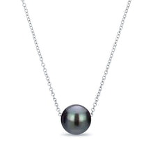 Black freshwater pearl necklace, floating design, sterling silver chain