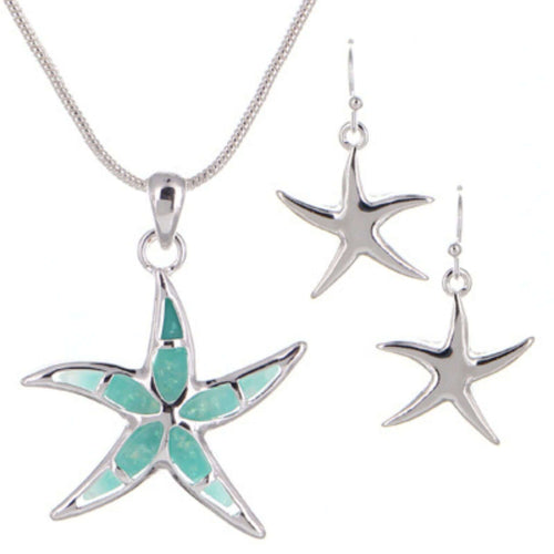 Blue Resin Starfish Pendant Necklace And Earring Set