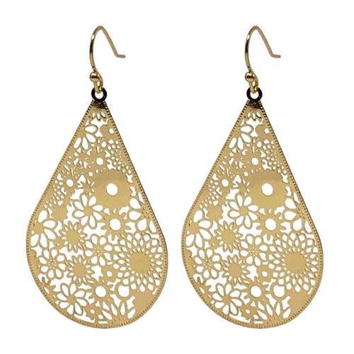 Gold Teardrop Earrings with Delicate Flower Pattern