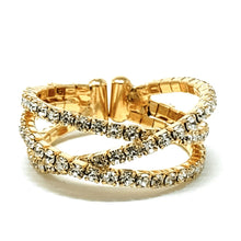 Gold Crossover Stretch Ring With Clear Rhinestones