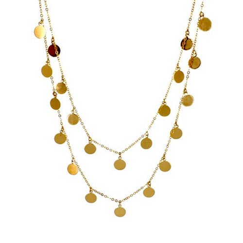 Disc Charm Double Chain Gold Layered Necklace - Fashion Jewelry