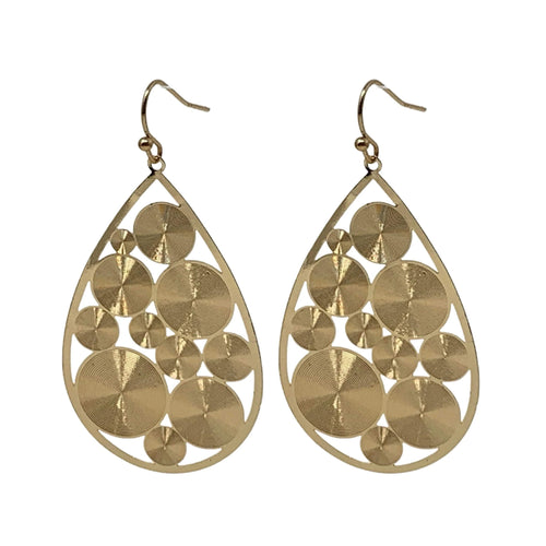 Gold dangle teardrop earrings with mini spiral discs