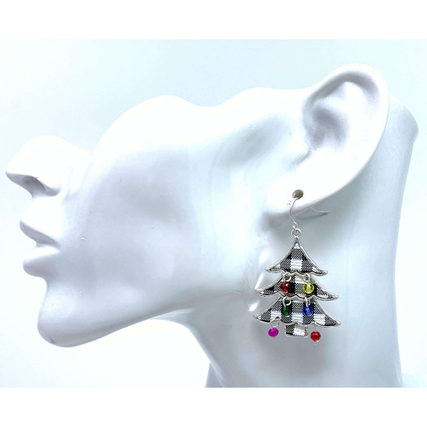 Green And White Plaid Holiday Christmas Tree Earrings - SeaSpray Jewelry