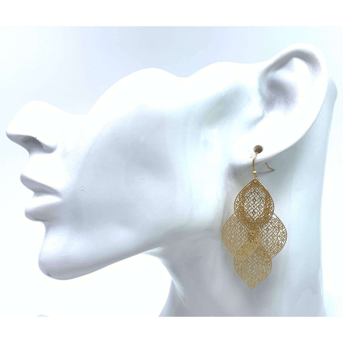 Layered Matte Gold Filigree Leaf Earrings - Fashion Jewelry