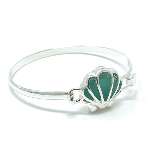 Silver Seashell Bangle Bracelet With Sea Glass - Fashion Jewelry