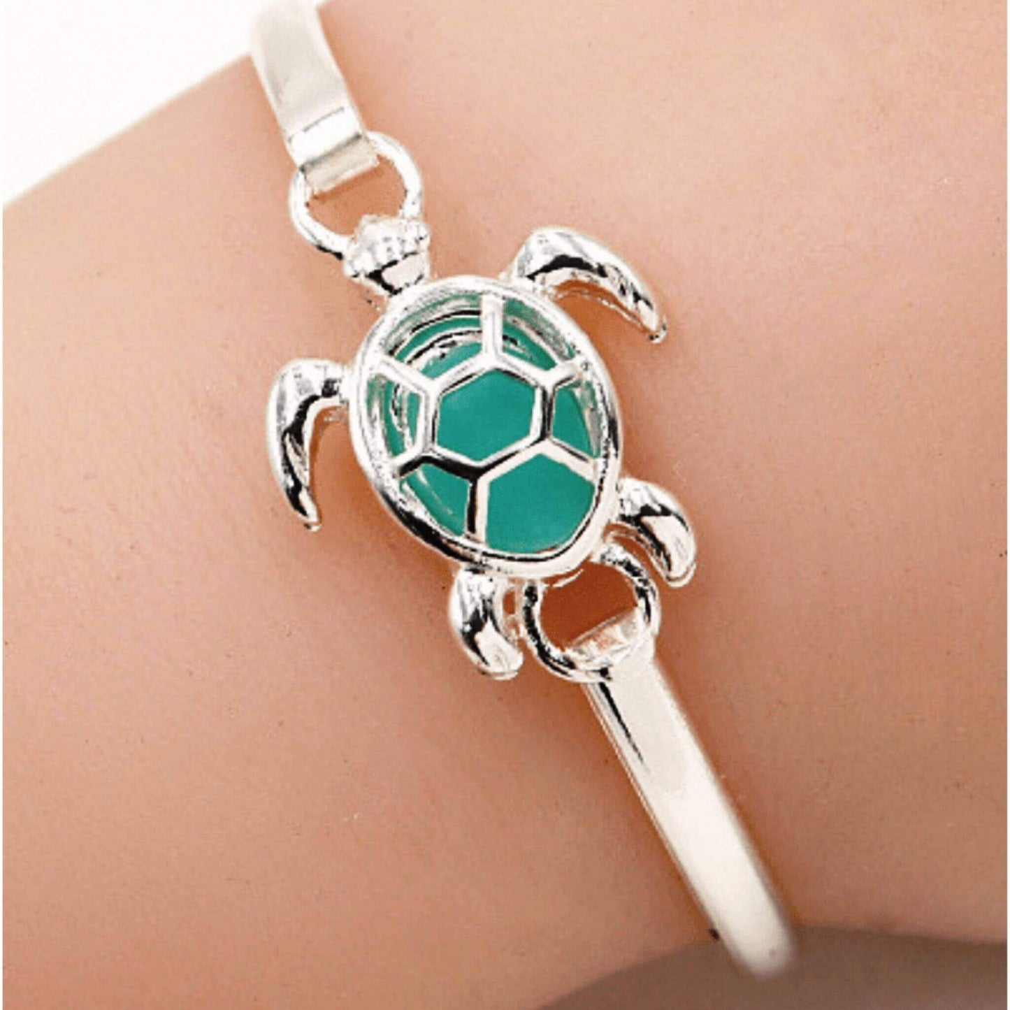 Sea Turtle Silver Bangle Sea Glass Bracelet