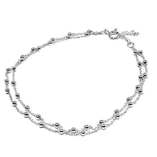 Sterling Silver Ball Beaded Double Cable Chain Anklet Bracelet
