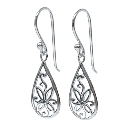 Teardrop Flower Dangle Earrings In Sterling Silver