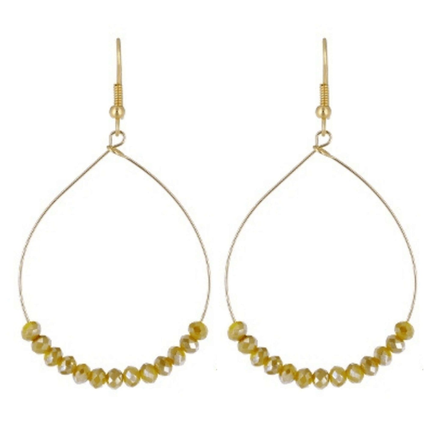 Yellow Glass Beaded Dangly Gold Hoop Earrings - Costume Fashion Jewelry