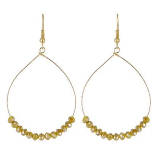 Yellow Glass Beaded Dangly Gold Hoop Earrings - Costume Fashion Jewelry