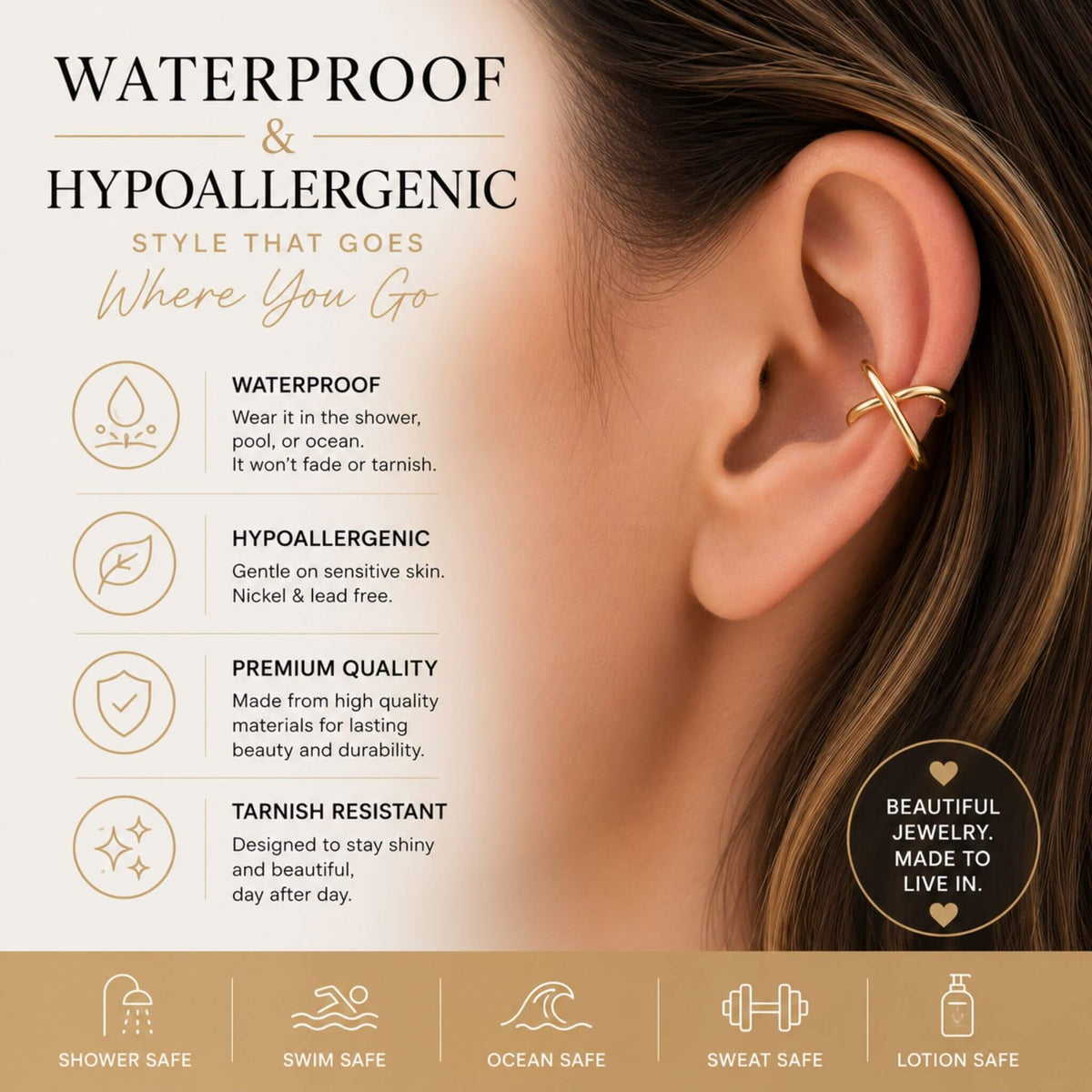 14K gold plated 925 Sterling Silver Cross Knot Ear Cuff featuring waterproof, hypoallergenic, tarnish-resistant construction for comfortable everyday wear.