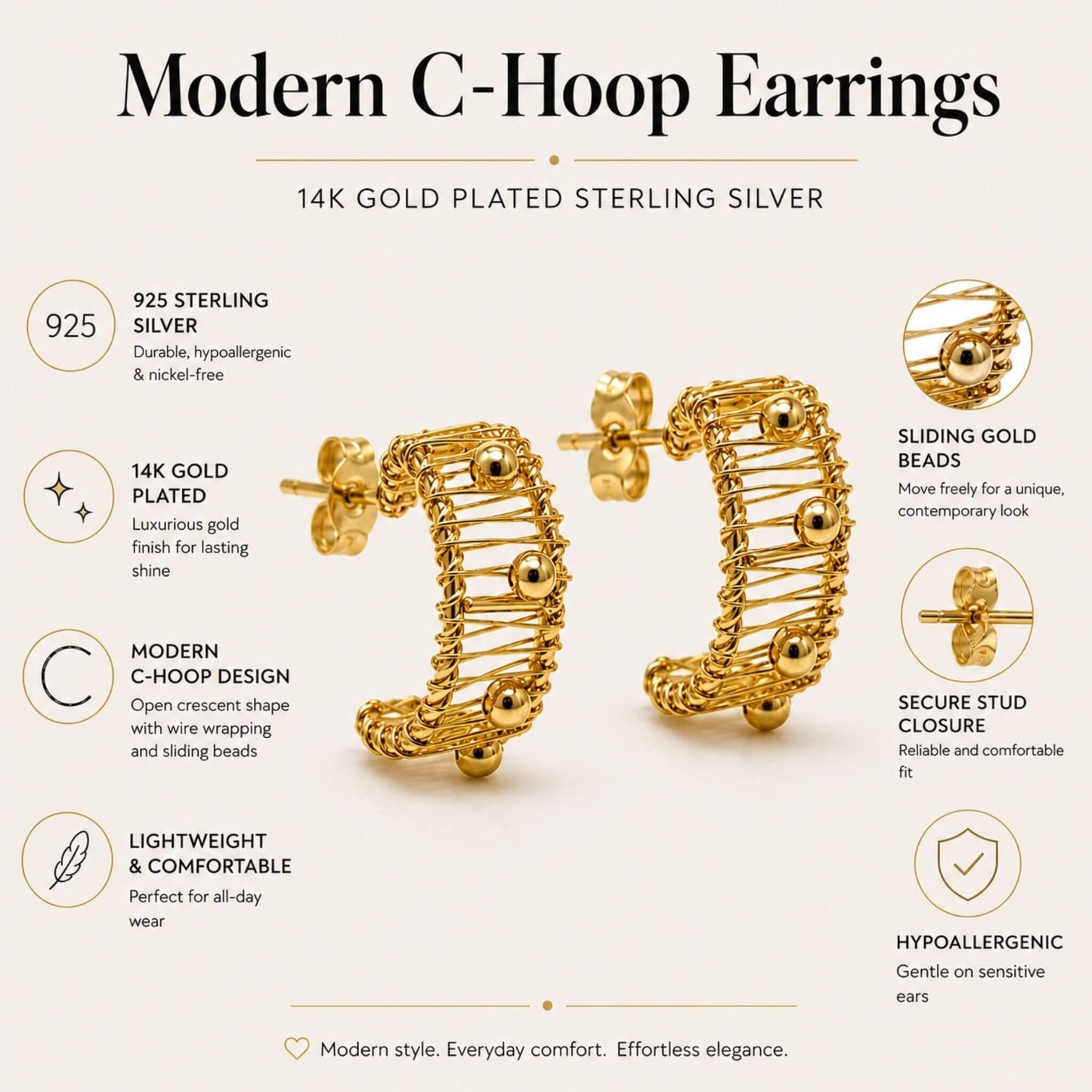 14K gold plated sterling silver C-hoop earrings with wire wrapping, gold beads and push-back closures