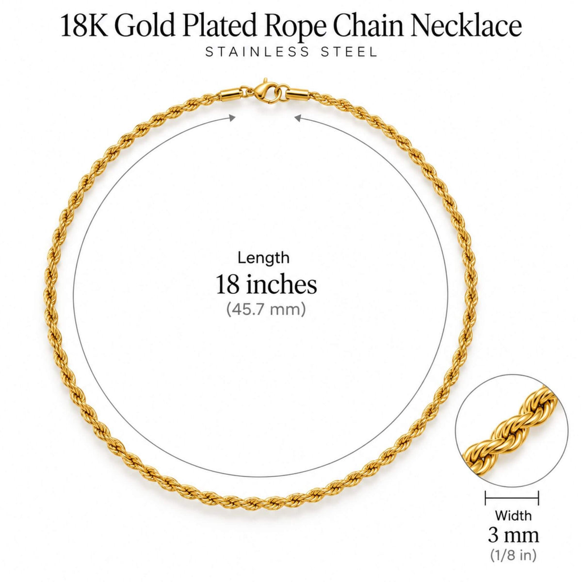 Gold rope chain necklace dimensions showing 18 inch length and 3 mm width