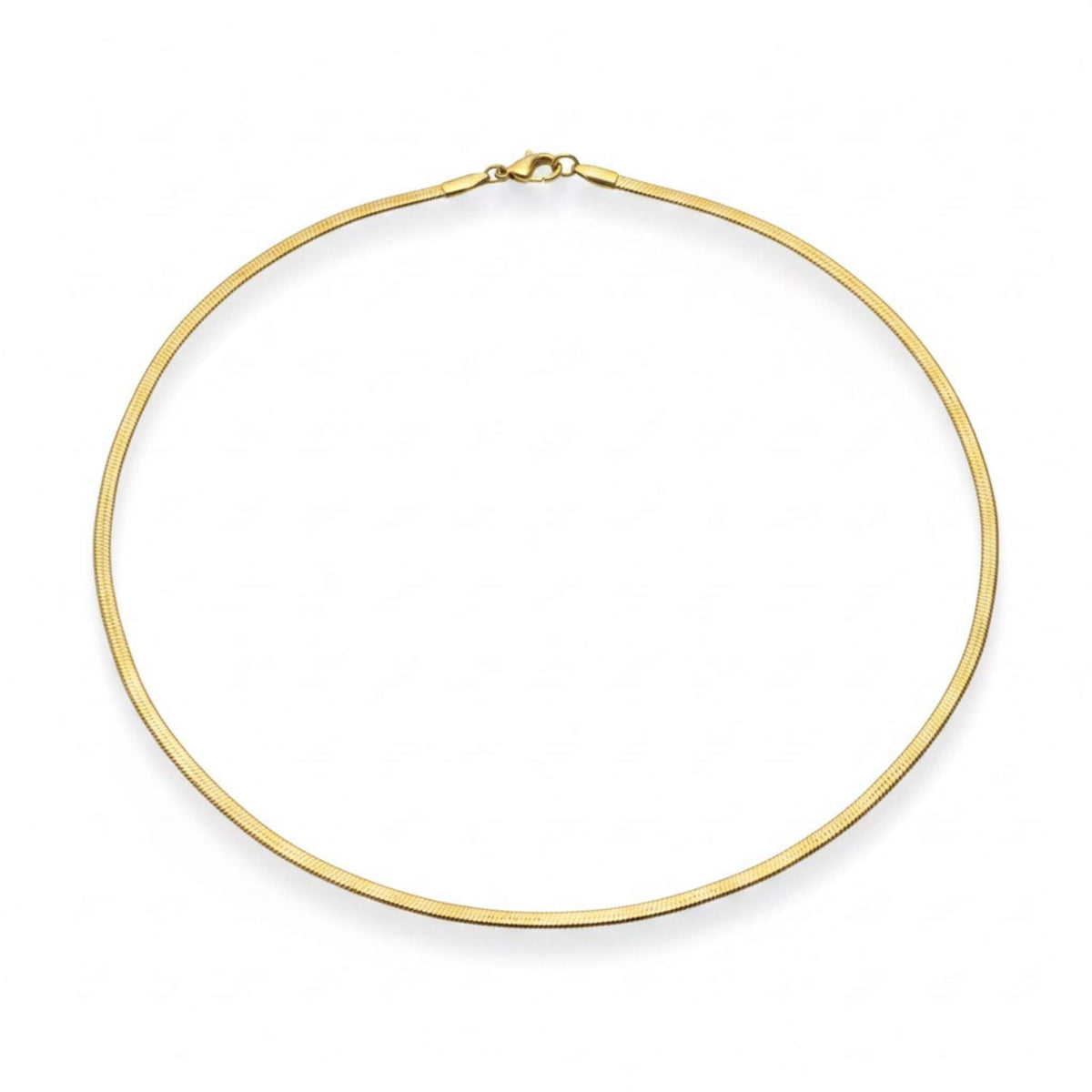 18K gold 3mm herringbone necklace on white background showing full 18-inch length and lobster clasp, tarnish-free stainless steel chain