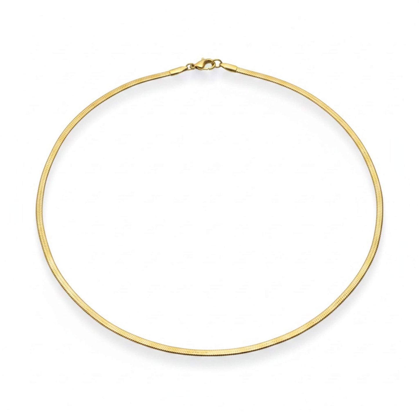18K gold 3mm herringbone necklace on white background showing full 18-inch length and lobster clasp, tarnish-free stainless steel chain