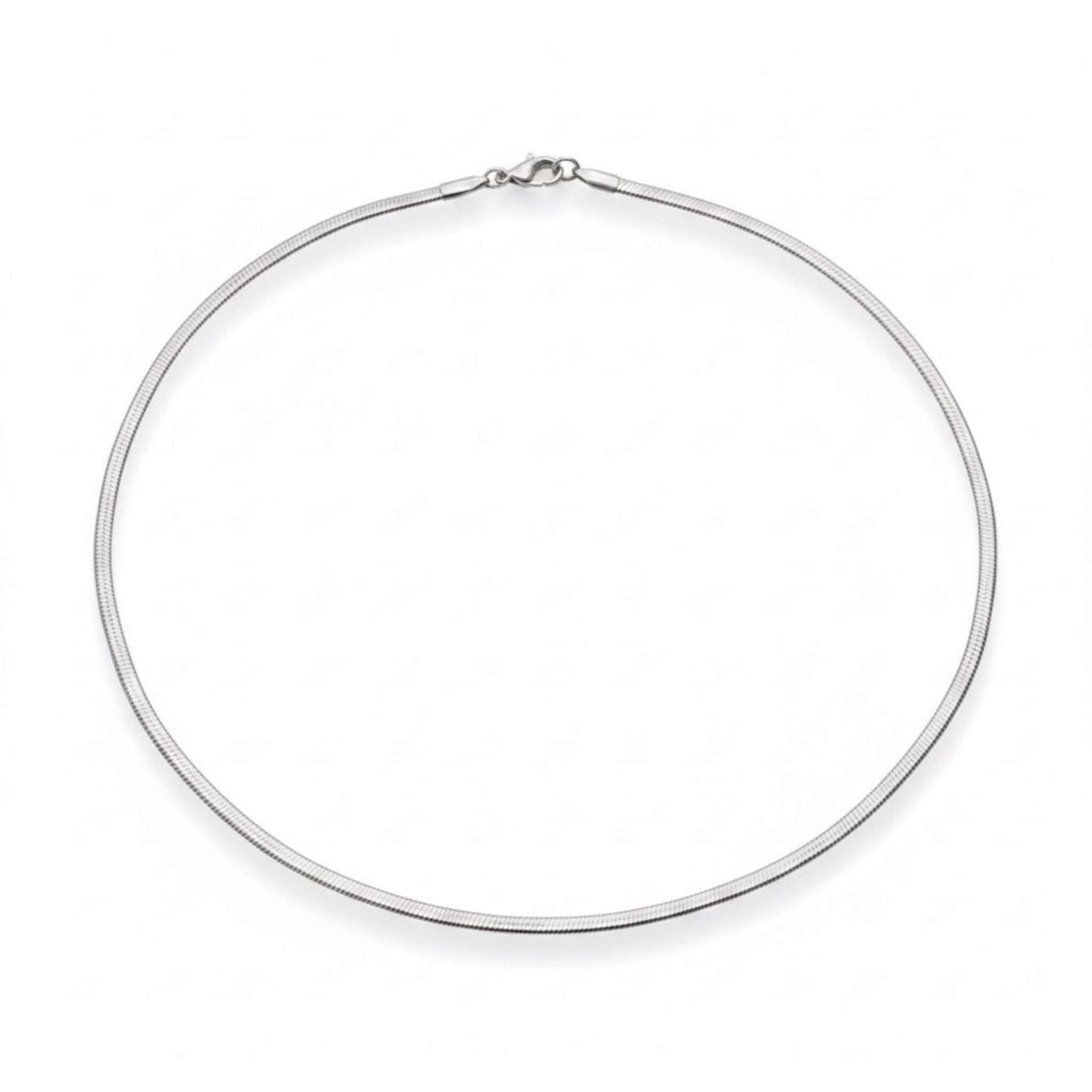 Silver herringbone necklace white background, 18 inch flat snake chain, tarnish-free silver-tone stainless steel
