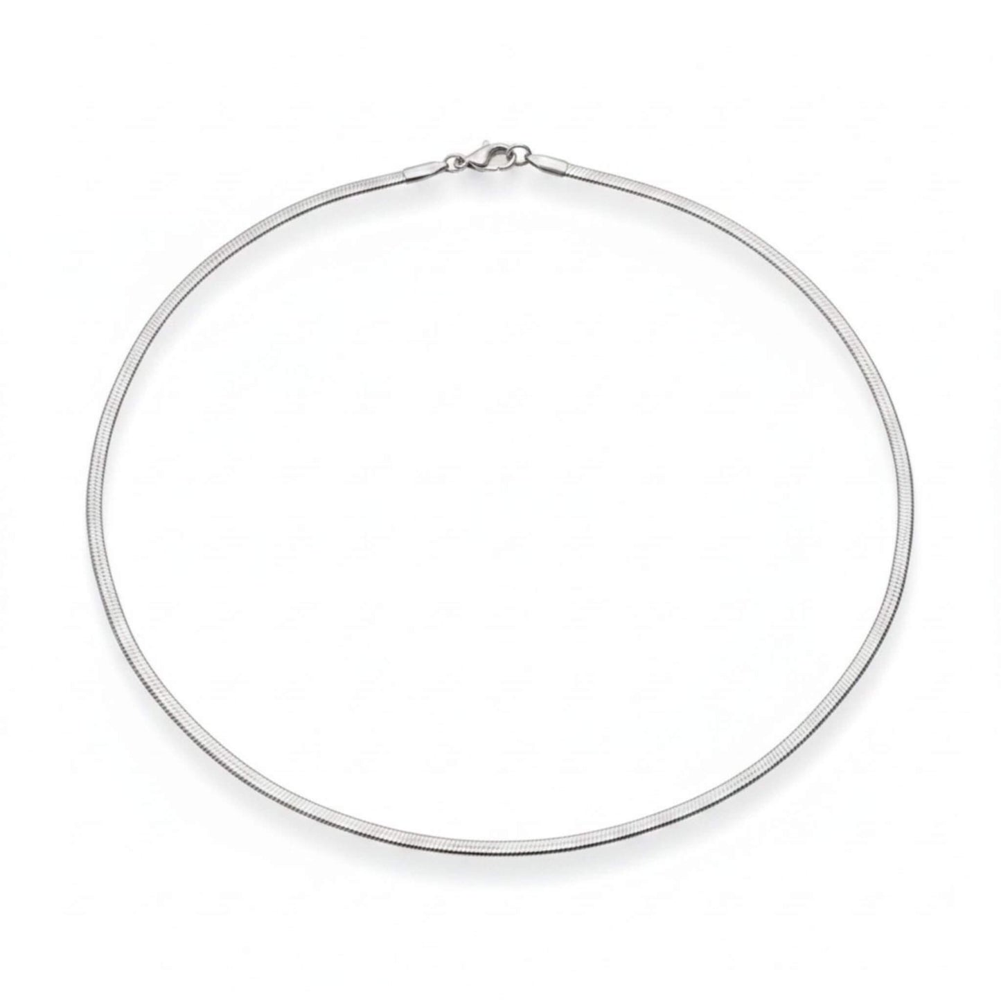 Silver herringbone necklace white background, 18 inch flat snake chain, tarnish-free silver-tone stainless steel