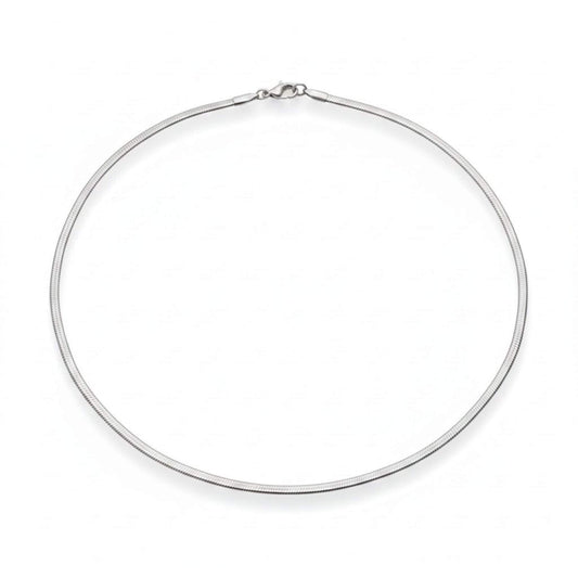 Silver herringbone necklace white background, 18 inch flat snake chain, tarnish-free silver-tone stainless steel
