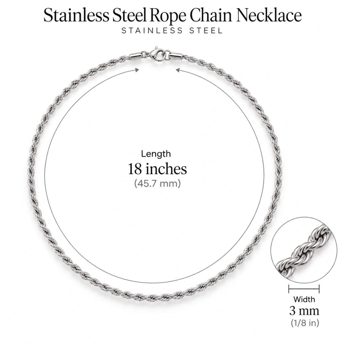 Silver rope chain necklace dimensions showing 18 inch length and 3 mm width