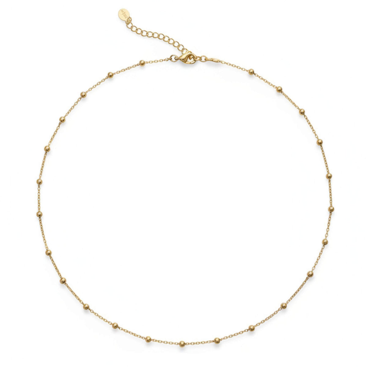 Adjustable 14-16 inch gold bead station necklace in 925 sterling silver with 18K gold plating, delicate dainty chain design.