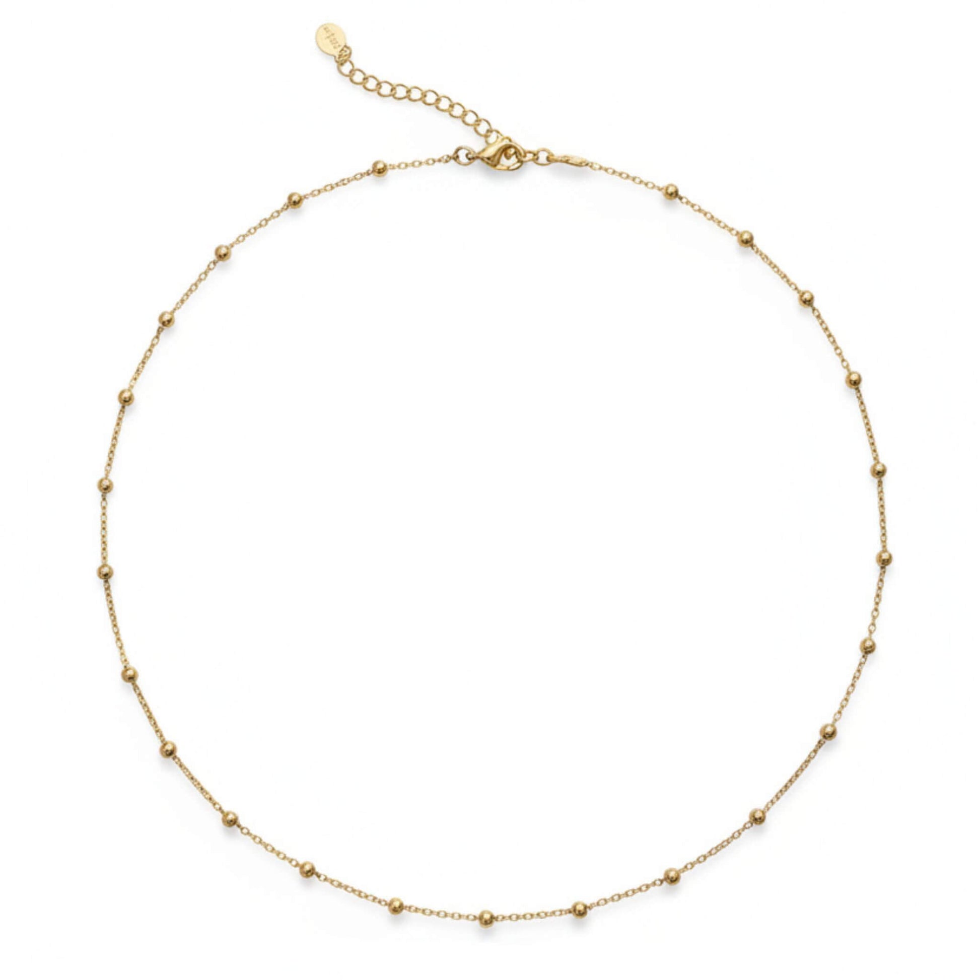 Adjustable 14-16 inch gold bead station necklace in 925 sterling silver with 18K gold plating, delicate dainty chain design.