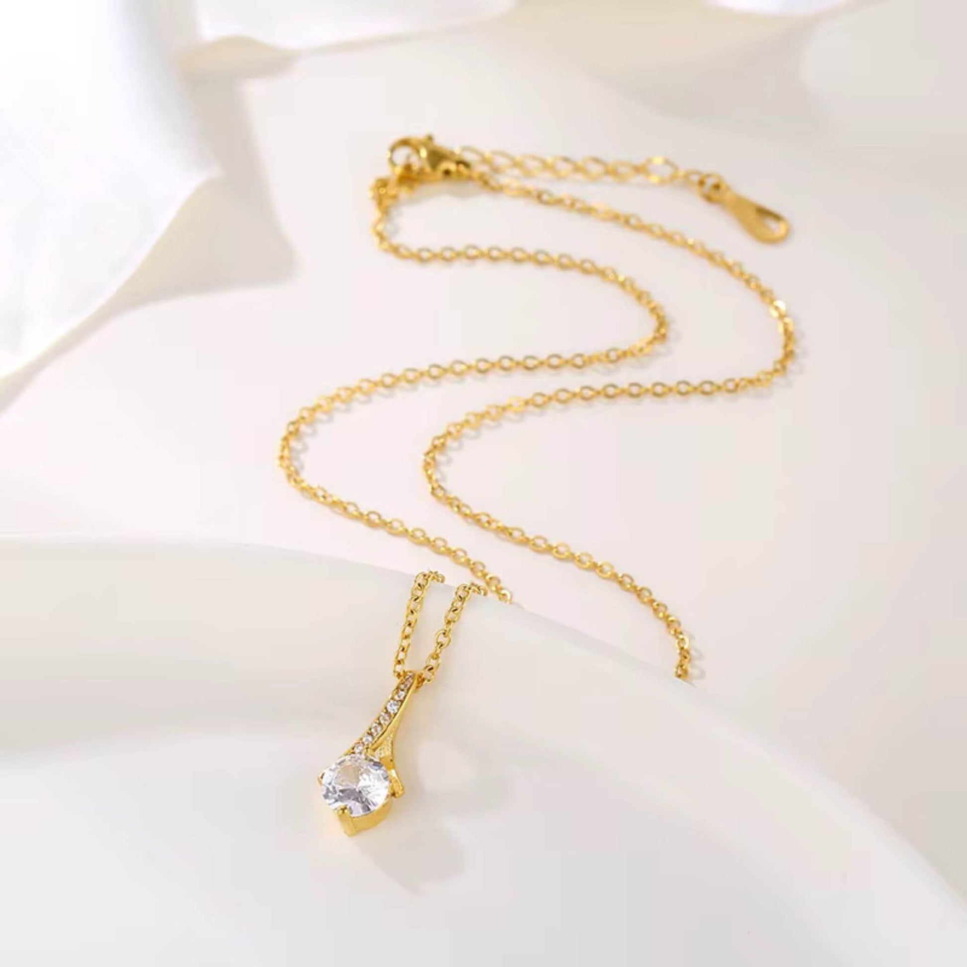 Luxury gift-ready packaging for 18K gold plated cubic zirconia necklace - perfect present for birthdays or anniversaries.