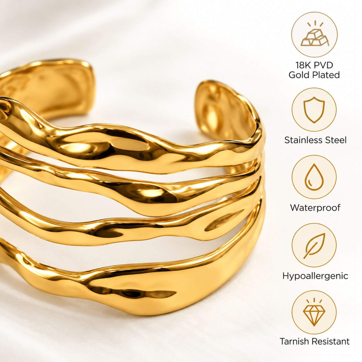 18K PVD gold plated cuff bracelet in stainless steel with waterproof, hypoallergenic and tarnish resistant features