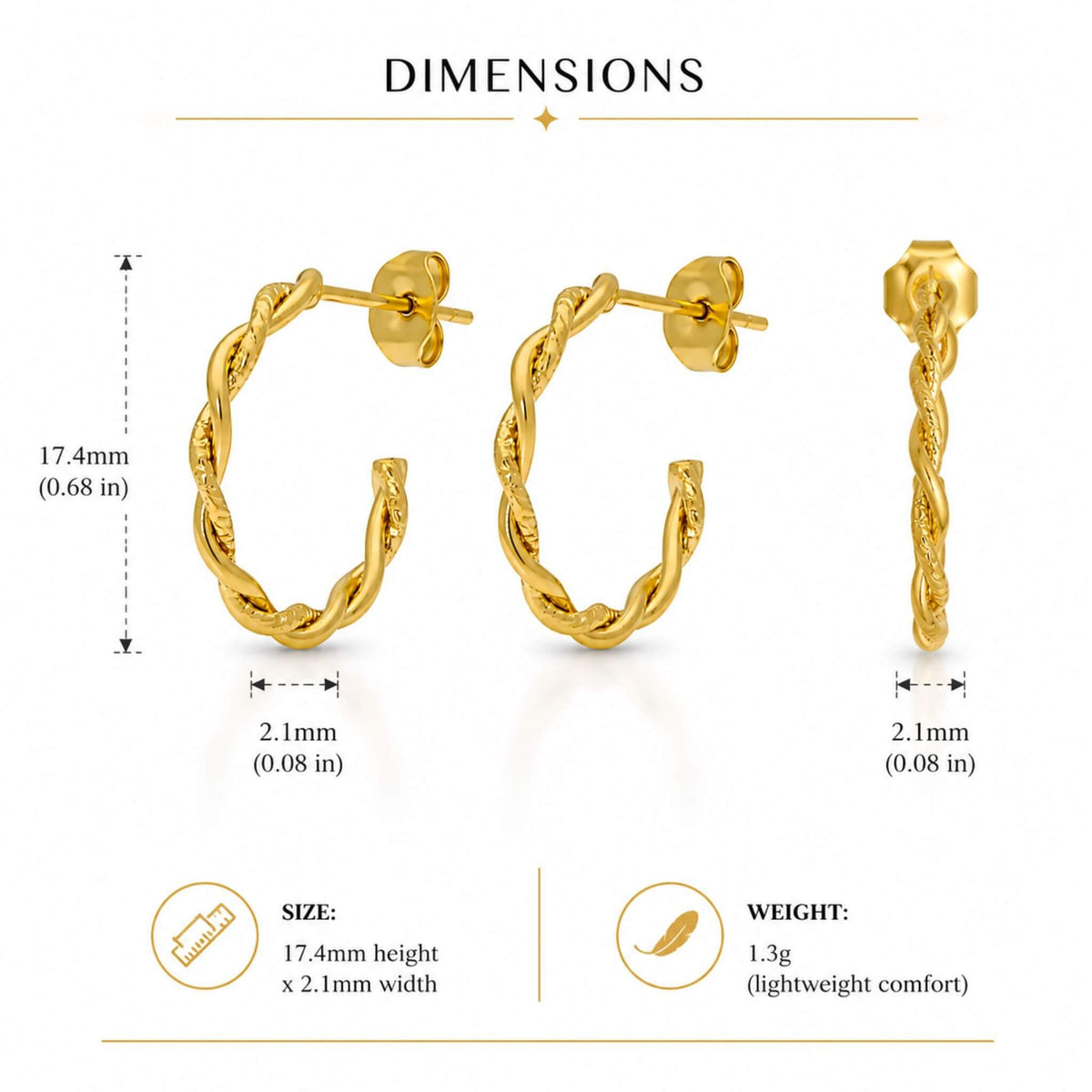 18k gold plated rope twist hoop earrings size and material details 17.4mm 316L stainless steel