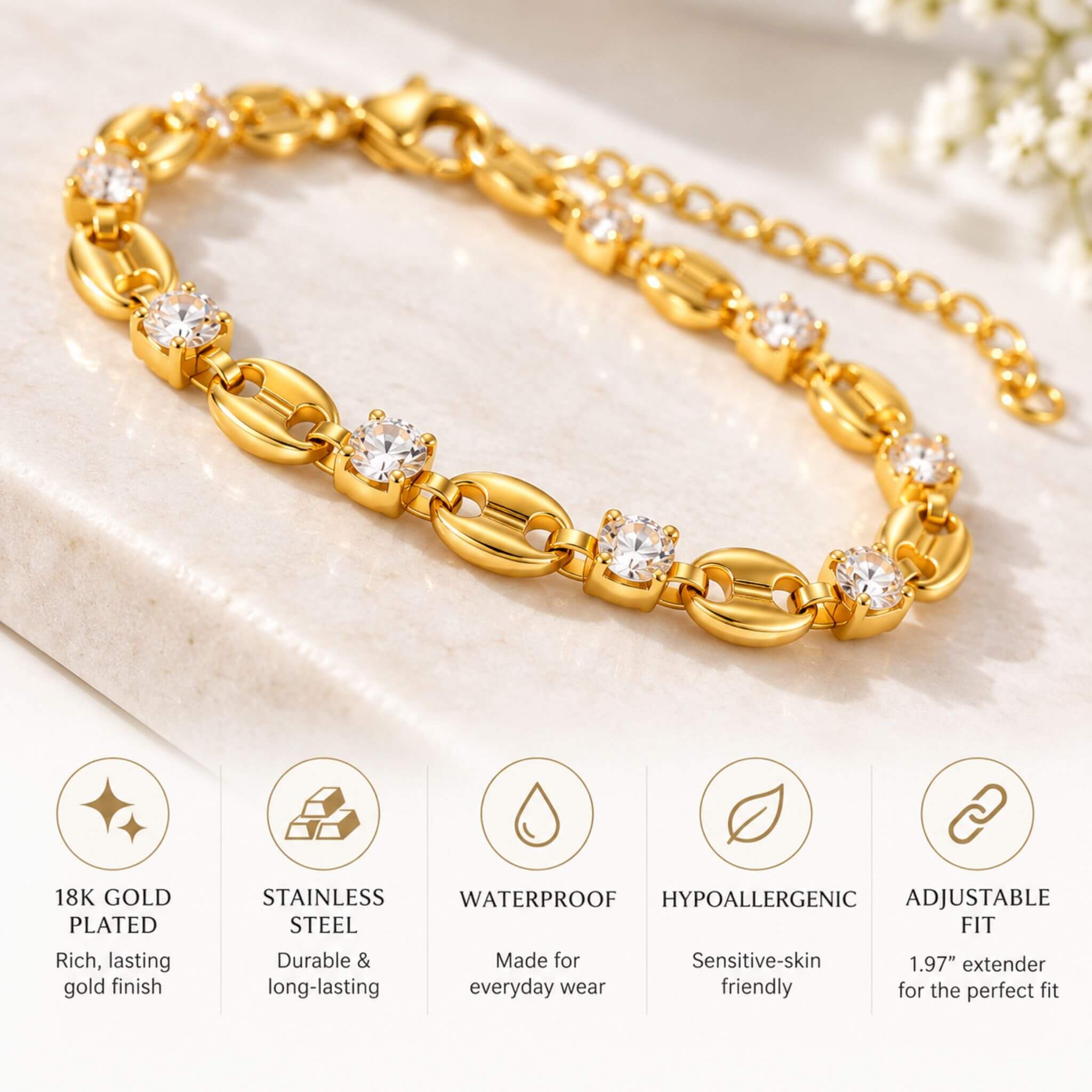 Gold Bracelet for Women - 18K Gold Plated CZ | SeaSpray Jewelry