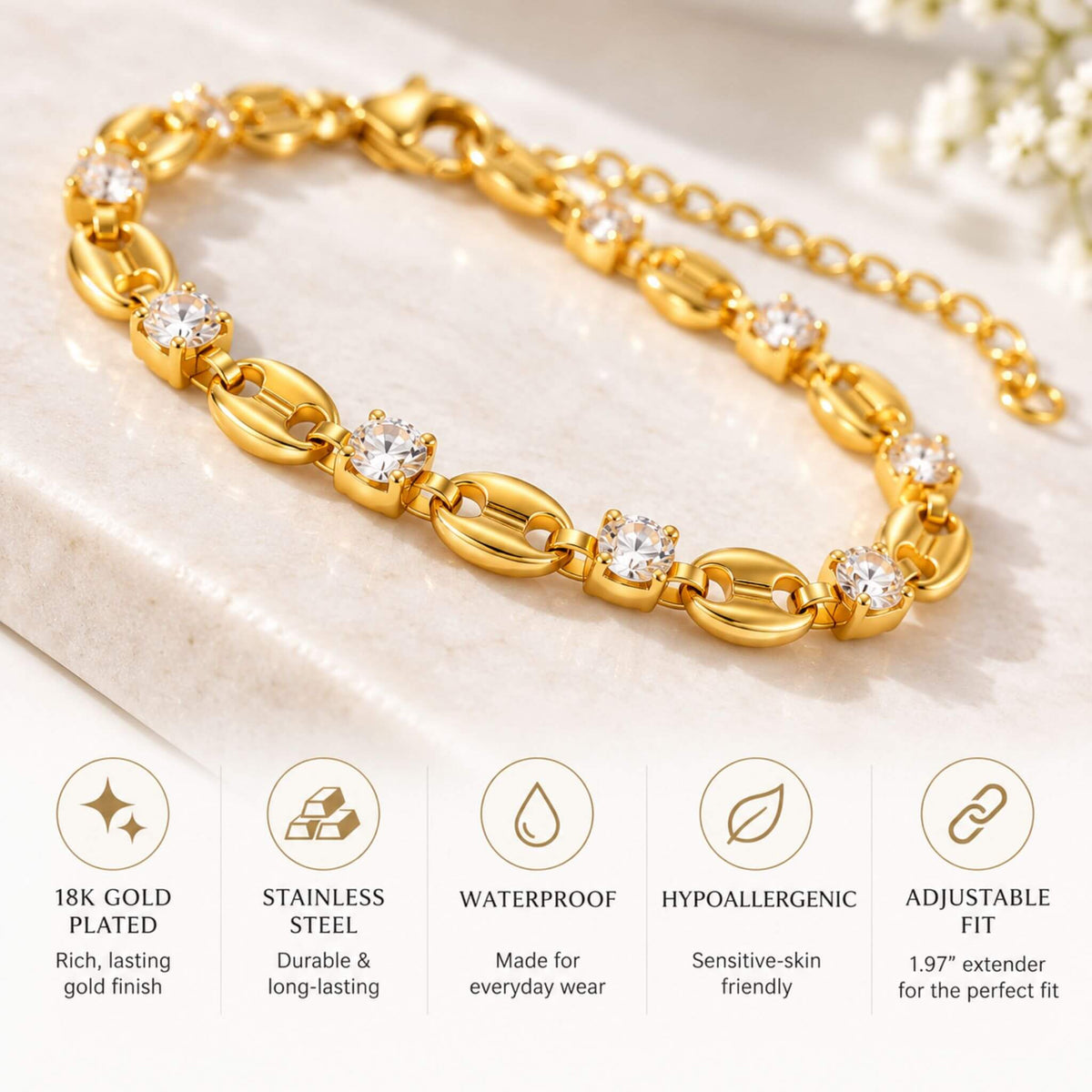18K gold plated stainless steel bracelet with cubic zirconia, waterproof, hypoallergenic and adjustable features