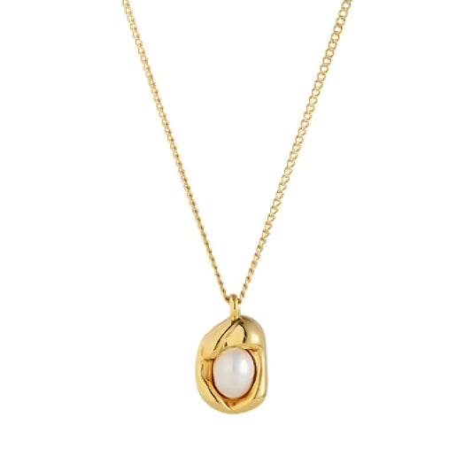 18k gold-plated stainless steel chain necklace with gold nugget pendant and freshwater pearl