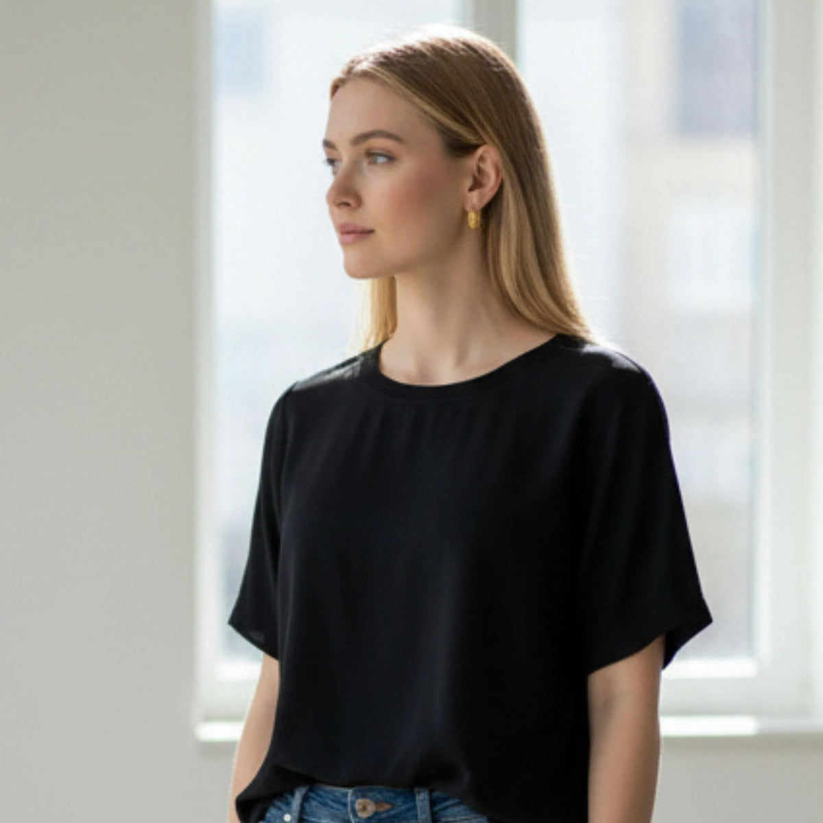 18K gold plated triple bead hoop earrings styled with black top, elegant gold jewelry