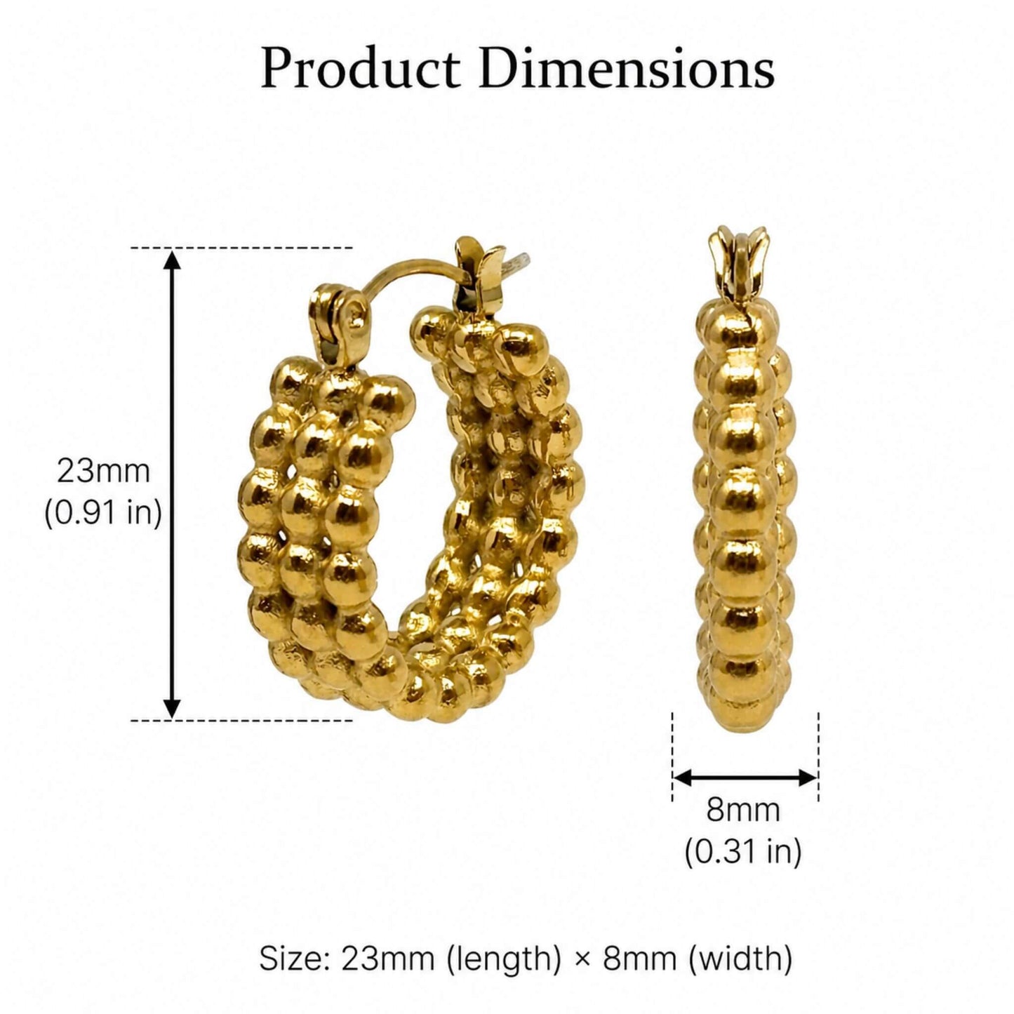 18K Gold Plated Triple Bead Hoop Earrings product dimensions showing 23mm length × 8mm width